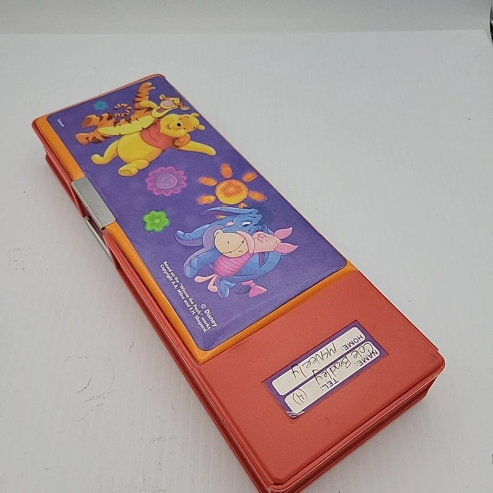 Walt Disney Winnie the Pooh Pencil Case Push Button Popup Sharpener Calendar vtg